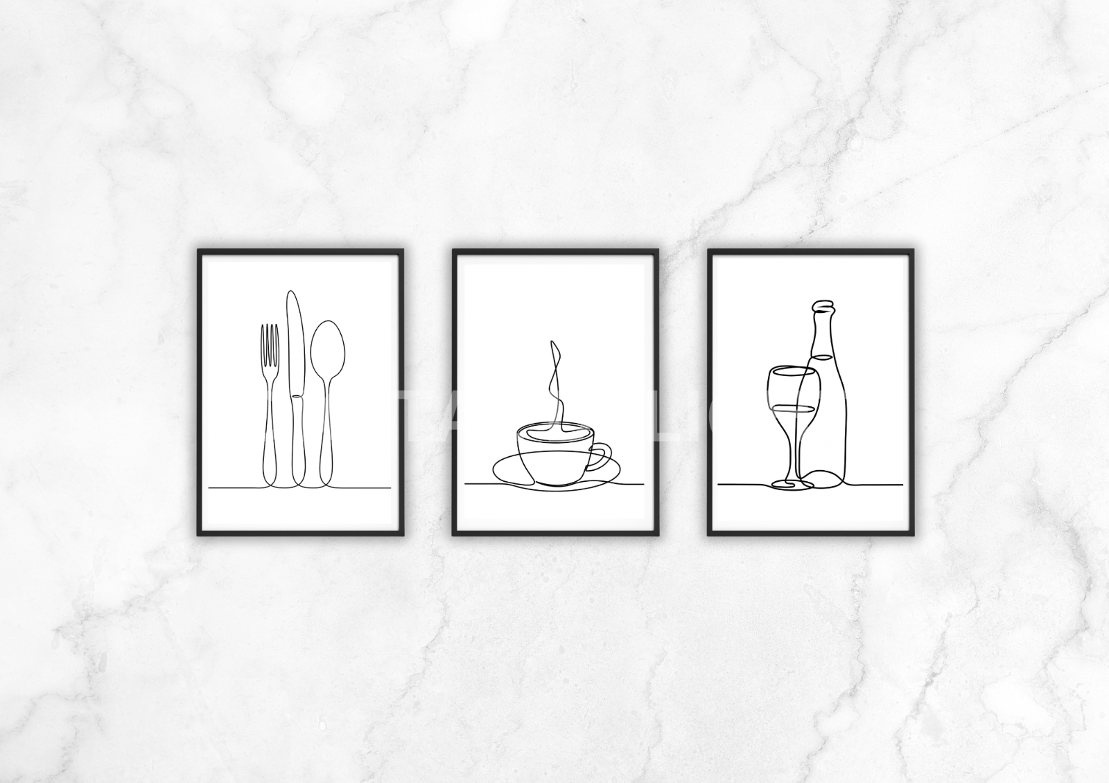 Set of 3 One Line Prints Modern Wall Art Kitchen Design Print Poster A5 A4 A3