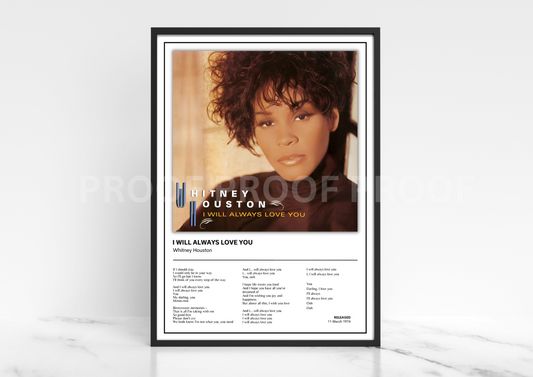 Whitney Houston I Will Always Love You Album Single Cover Poster / Music Gift