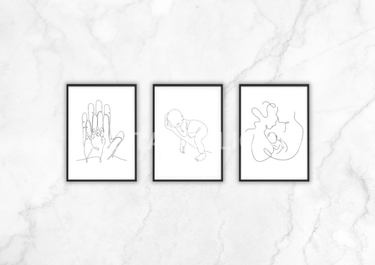 Set of 3 One Line Prints Modern Wall Art Baby Family  Print Poster A5 A4 A3