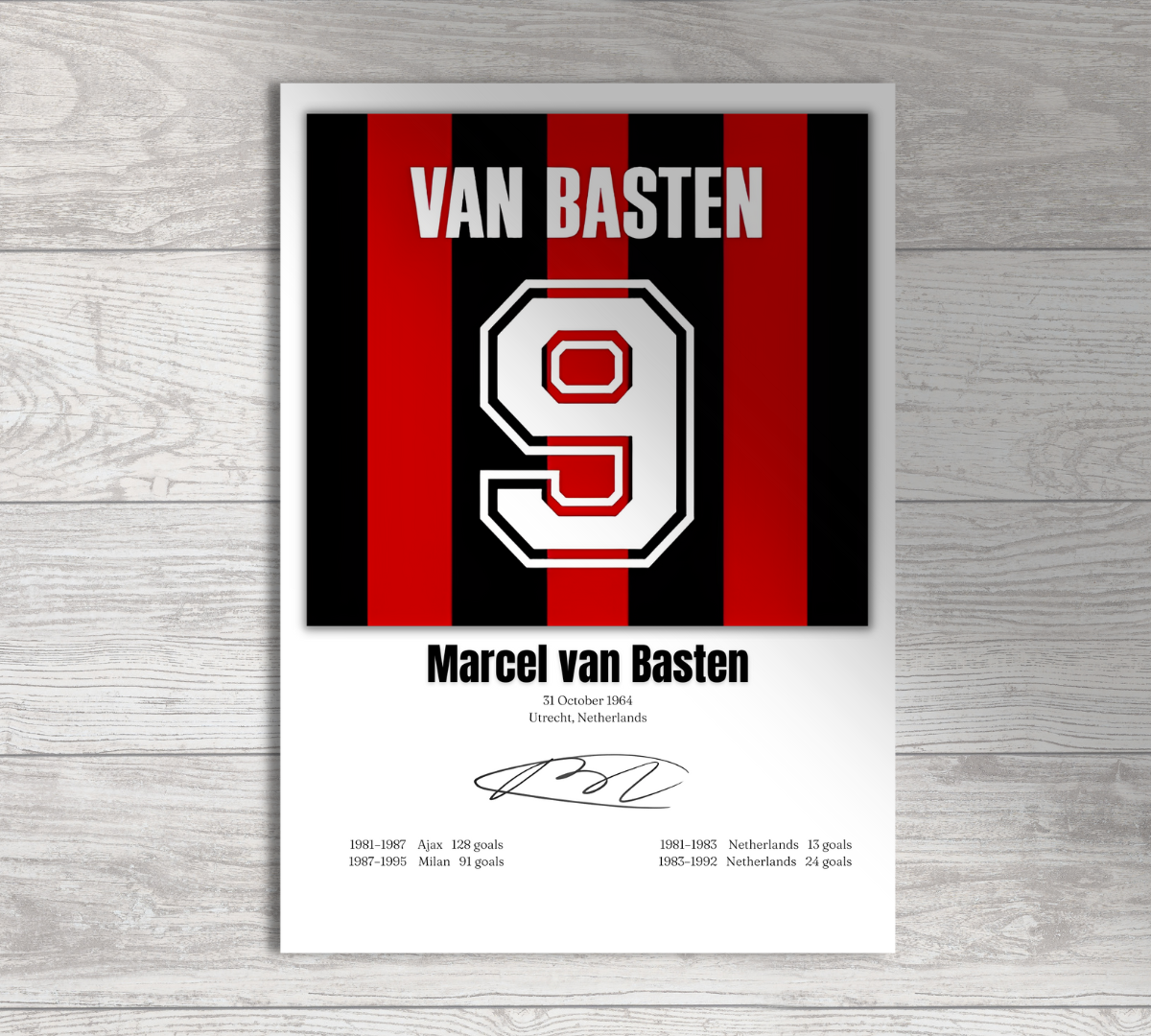 Marcel van Basten Football Stats Print / Football Poster Football Gift